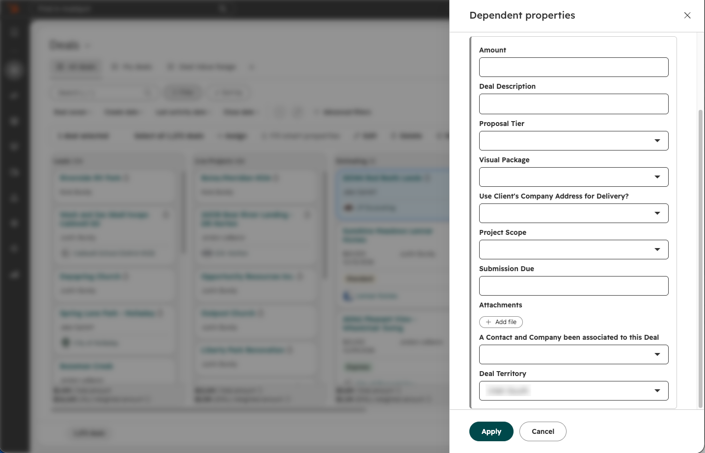 HubSpot's dependent properties panel showing project information collected when moving a Deal into Estimating.