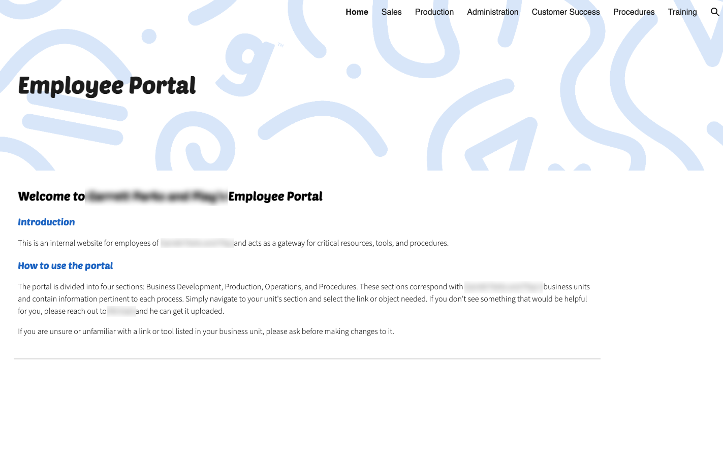 Employee portal homepage showing departmental navigation
                                        for Sales, Production, Administration, Customer Success, Procedures, and Training.